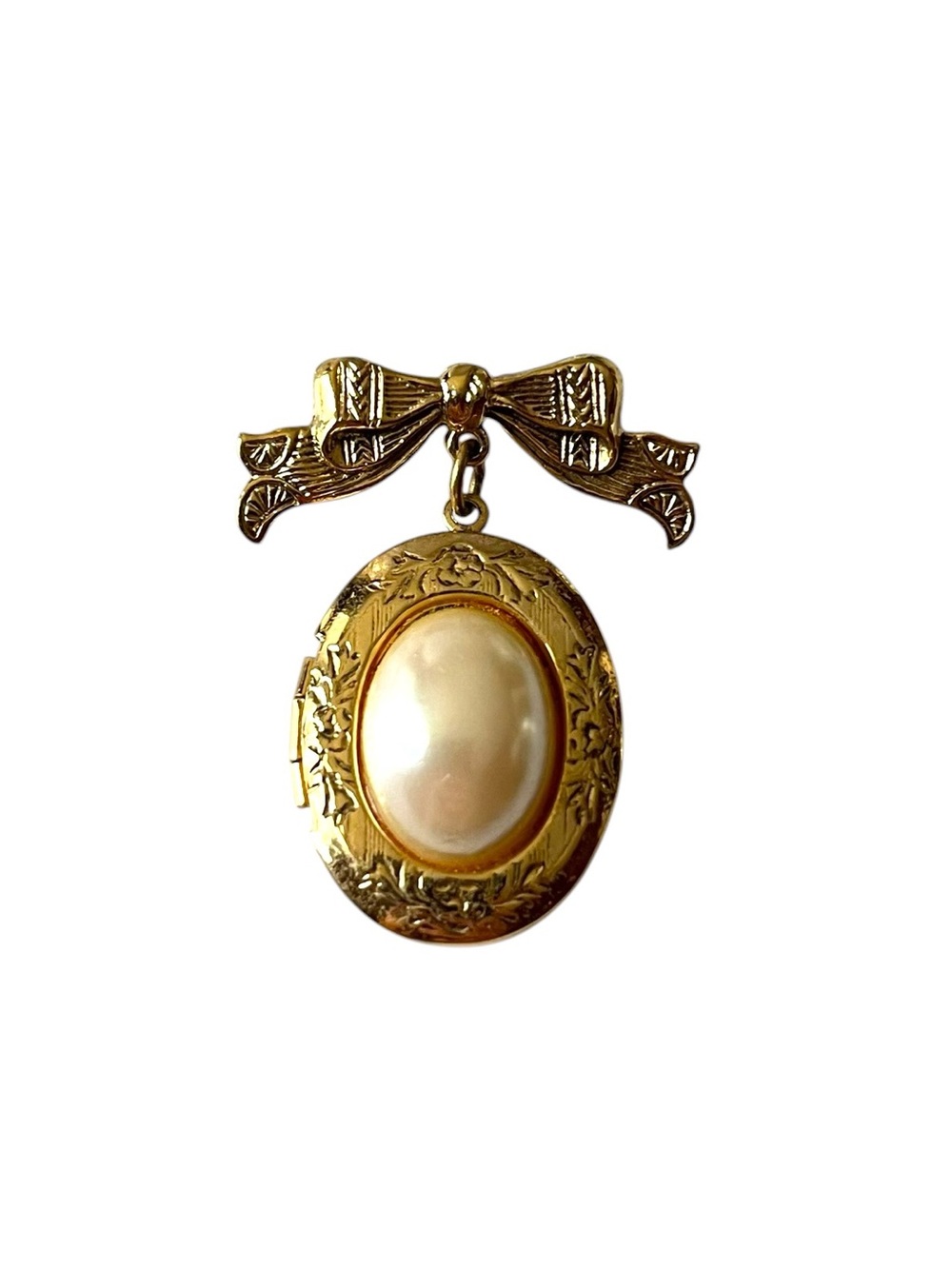 1928 Brand Gold Bow Faux Pearl Locket Brooch